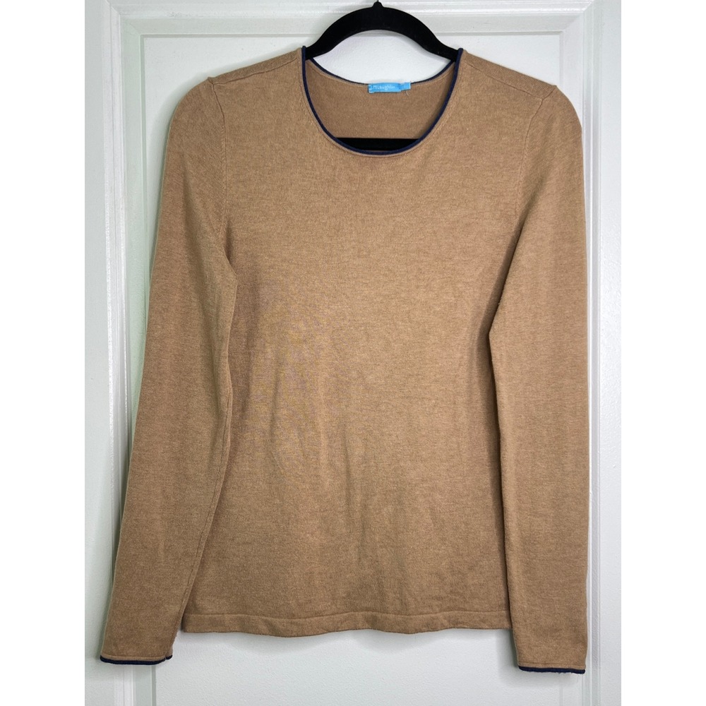 J.McLaughlin Camel Tan Navy Trim Long Sleeve Crewneck Sweater Top Size Small